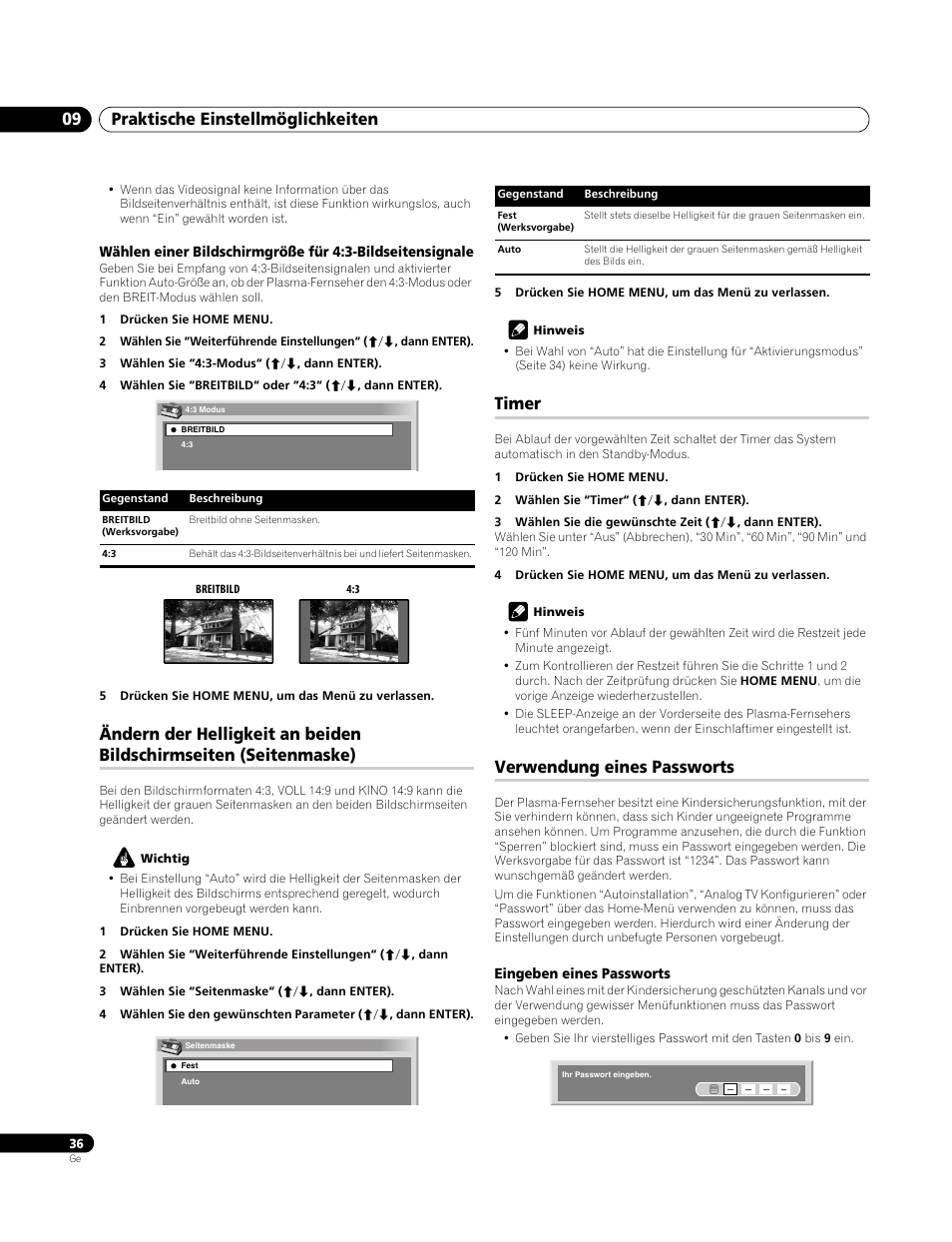 Timer, Verwendung eines passworts, Eingeben eines passworts | Praktische einstellmöglichkeiten 09 | Pioneer PDP-4270XA User Manual | Page 124 / 267