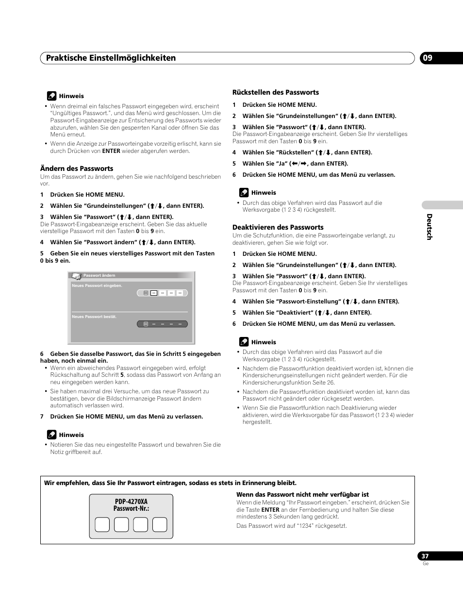 Ändern des passworts, Rückstellen des passworts, Deaktivieren des passworts | Praktische einstellmöglichkeiten 09 | Pioneer PDP-4270XA User Manual | Page 125 / 267