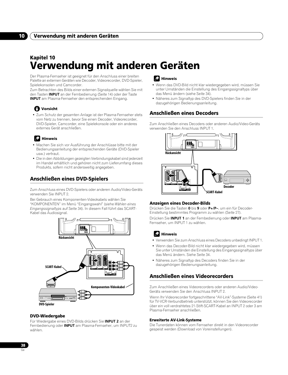 10 verwendung mit anderen geräten, Anschließen eines dvd-spielers, Dvd-wiedergabe | Anschließen eines decoders, Anzeigen eines decoder-bilds, Anschließen eines videorecorders, Verwendung mit anderen geräten, Verwendung mit anderen geräten 10, Kapitel 10 | Pioneer PDP-4270XA User Manual | Page 126 / 267