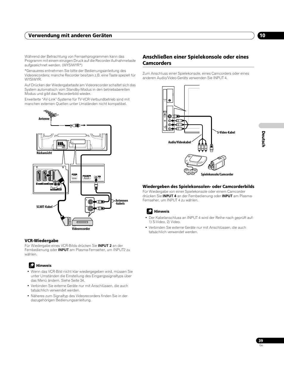 Vcr-wiedergabe, Verwendung mit anderen geräten 10 | Pioneer PDP-4270XA User Manual | Page 127 / 267