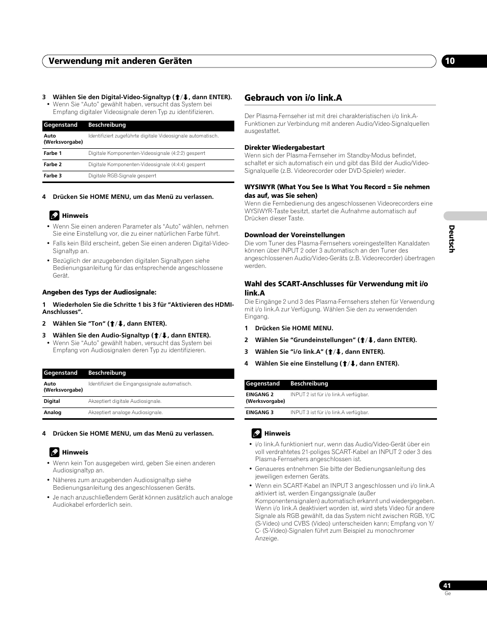 Gebrauch von i/o link.a, Verwendung mit anderen geräten 10 | Pioneer PDP-4270XA User Manual | Page 129 / 267
