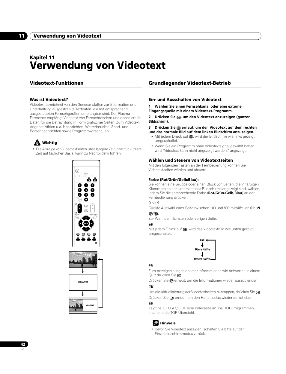 11 verwendung von videotext, Videotext-funktionen, Was ist videotext | Grundlegender videotext-betrieb, Ein- und ausschalten von videotext, Wählen und steuern von videotextseiten, Verwendung von videotext, Verwendung von videotext 11, Kapitel 11 | Pioneer PDP-4270XA User Manual | Page 130 / 267