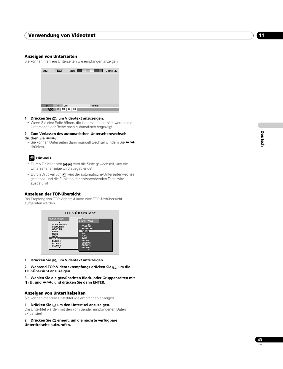 Anzeigen von unterseiten, Anzeigen der top-übersicht, Anzeigen von untertitelseiten | Verwendung von videotext 11 | Pioneer PDP-4270XA User Manual | Page 131 / 267