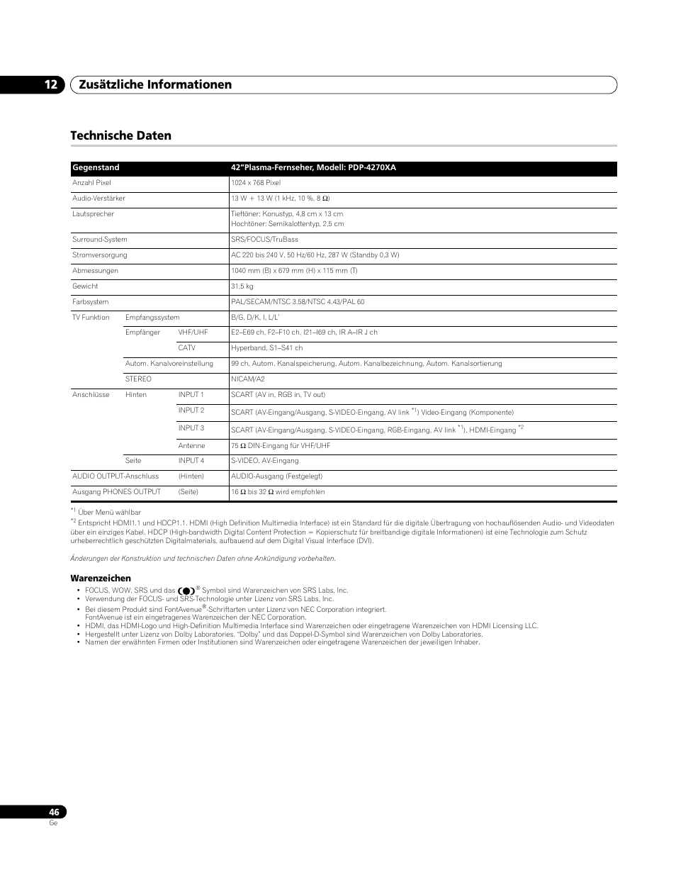 Technische daten, Zusätzliche informationen 12 | Pioneer PDP-4270XA User Manual | Page 134 / 267