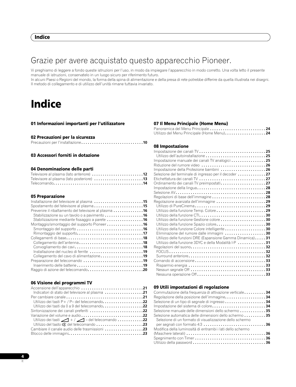 Istruzioni per l’uso, Indice | Pioneer PDP-4270XA User Manual | Page 136 / 267