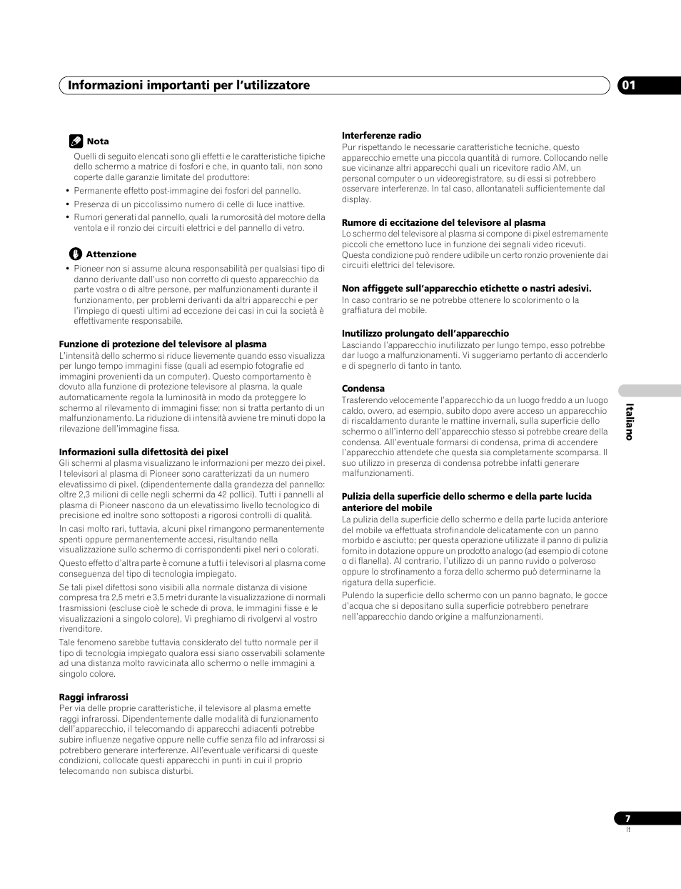 Informazioni importanti per l’utilizzatore 01 | Pioneer PDP-4270XA User Manual | Page 139 / 267