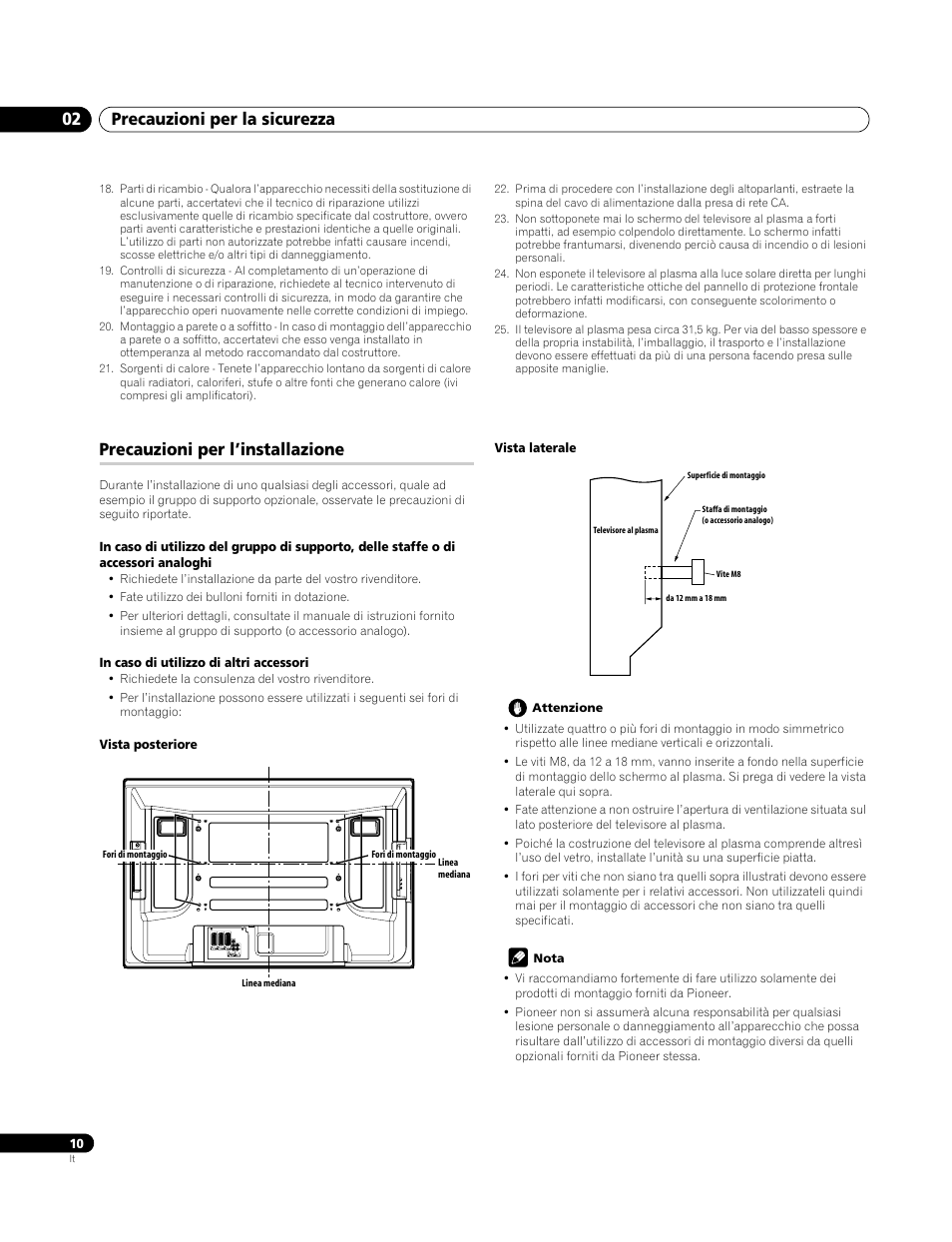 02 precauzioni per la sicurezza, Precauzioni per l’installazione, Precauzioni per la sicurezza 02 | Pioneer PDP-4270XA User Manual | Page 142 / 267