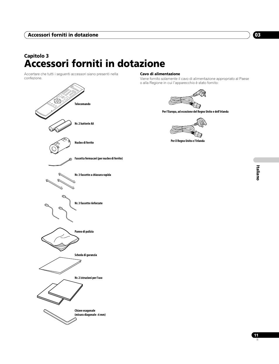 03 accessori forniti in dotazione, Accessori forniti in dotazione, Accessori forniti in dotazione 03 | Capitolo 3 | Pioneer PDP-4270XA User Manual | Page 143 / 267