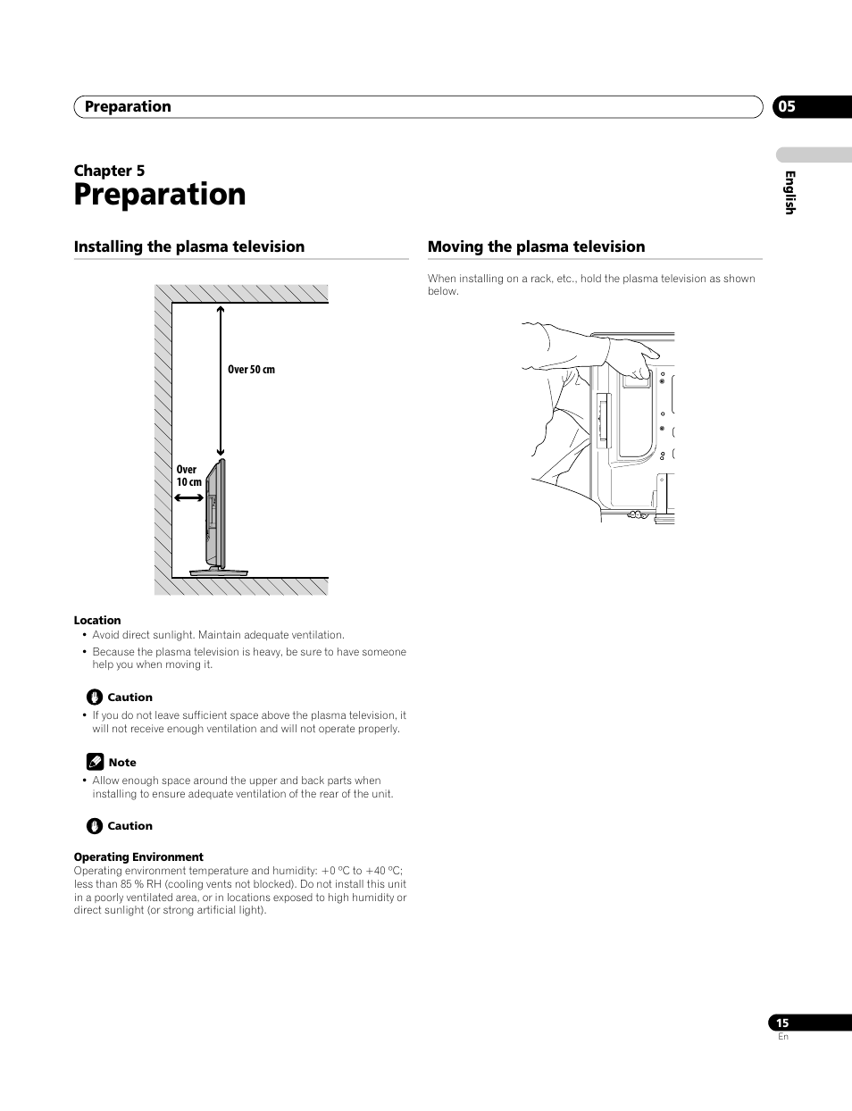 05 preparation, Installing the plasma television, Moving the plasma television | Preparation | Pioneer PDP-4270XA User Manual | Page 15 / 267