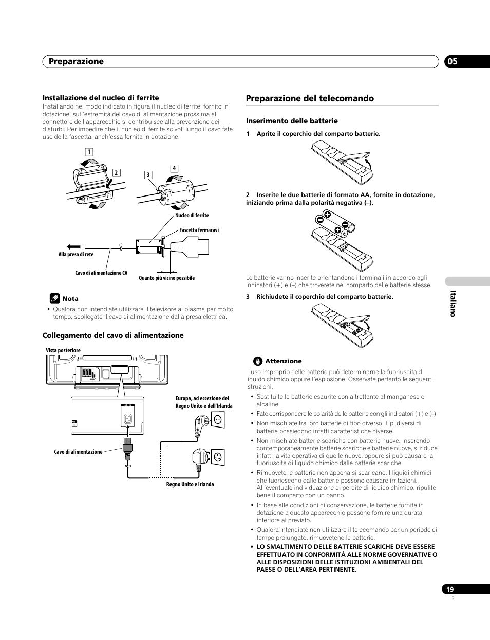 Installazione del nucleo di ferrite, Collegamento del cavo di alimentazione, Preparazione del telecomando | Inserimento delle batterie, Preparazione 05 | Pioneer PDP-4270XA User Manual | Page 151 / 267