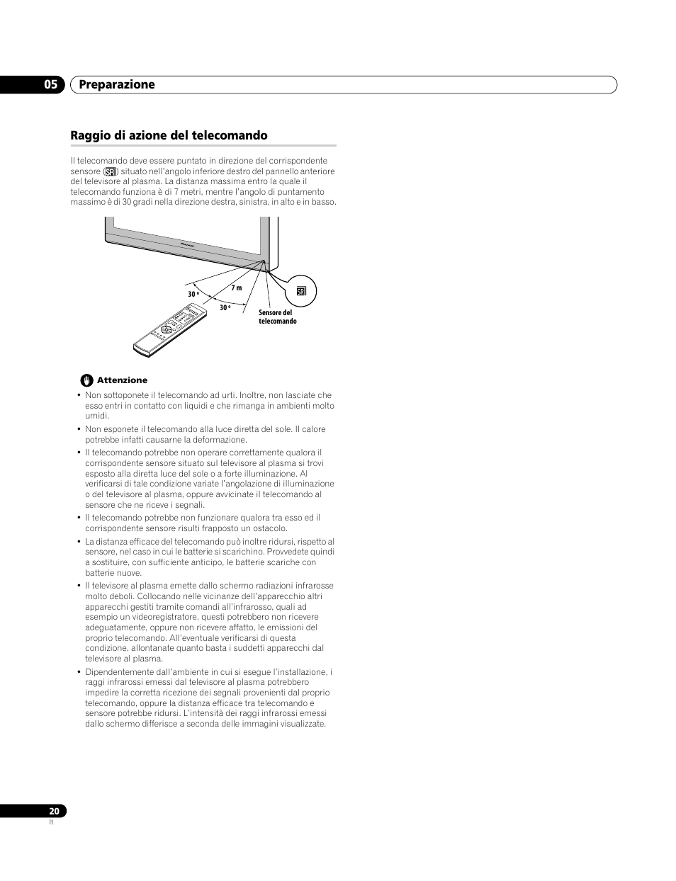 Raggio di azione del telecomando, Preparazione 05 | Pioneer PDP-4270XA User Manual | Page 152 / 267