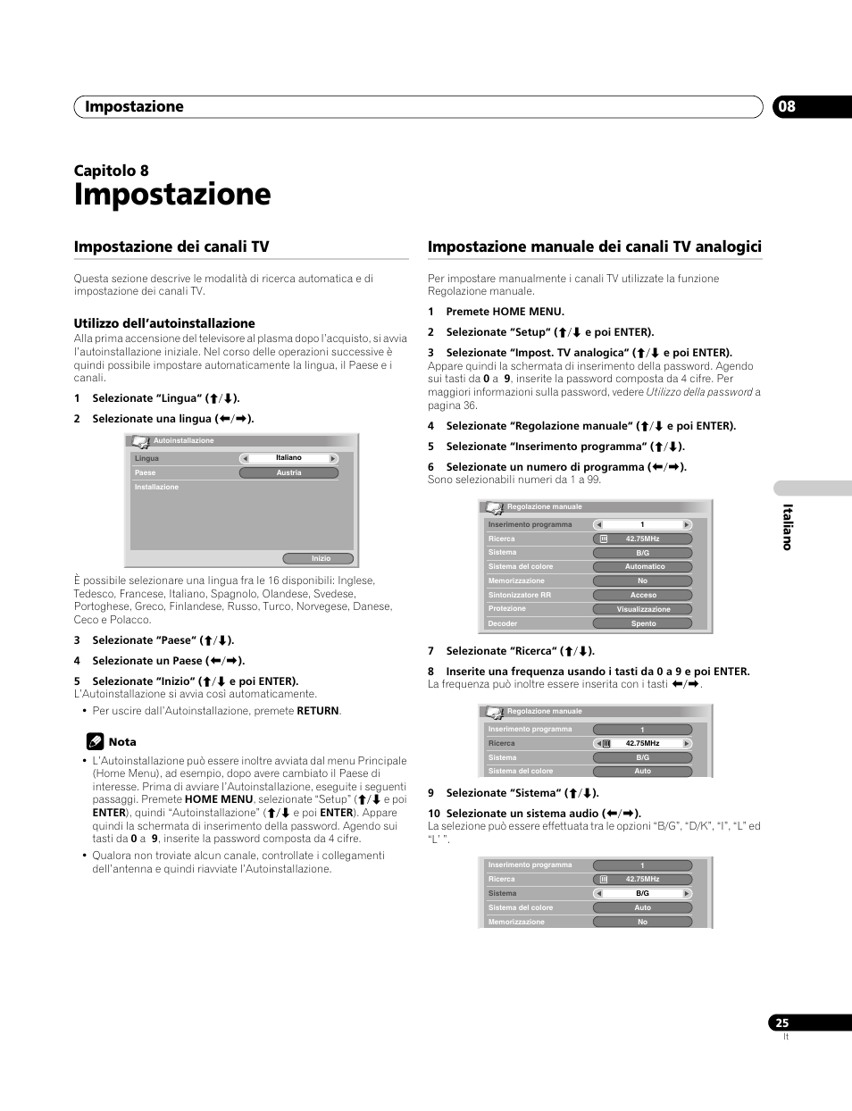 08 impostazione, Impostazione dei canali tv, Utilizzo dell’autoinstallazione | Impostazione manuale dei canali tv analogici, Impostazione, Impostazione 08, Capitolo 8 | Pioneer PDP-4270XA User Manual | Page 157 / 267