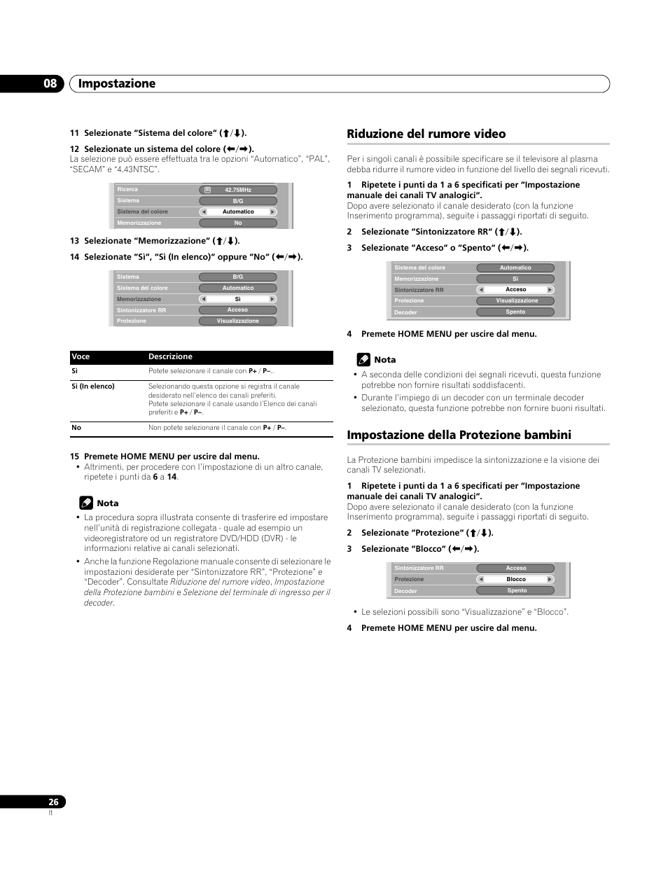 Riduzione del rumore video, Impostazione della protezione bambini, Impostazione 08 | Pioneer PDP-4270XA User Manual | Page 158 / 267