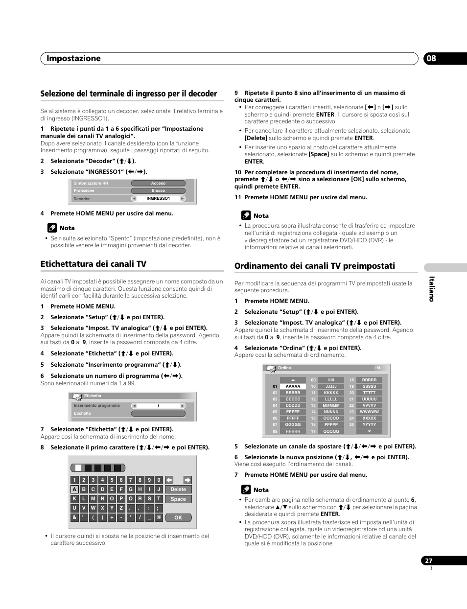 Selezione del terminale di ingresso per il decoder, Etichettatura dei canali tv, Ordinamento dei canali tv preimpostati | Impostazione 08, Italiano | Pioneer PDP-4270XA User Manual | Page 159 / 267