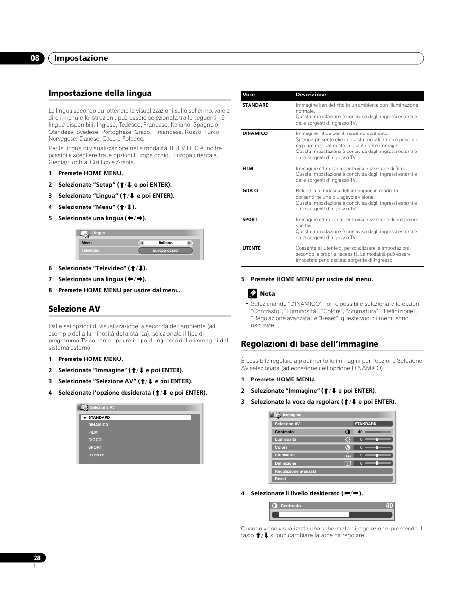 Impostazione della lingua, Selezione av, Regolazioni di base dell’immagine | Impostazione 08 | Pioneer PDP-4270XA User Manual | Page 160 / 267