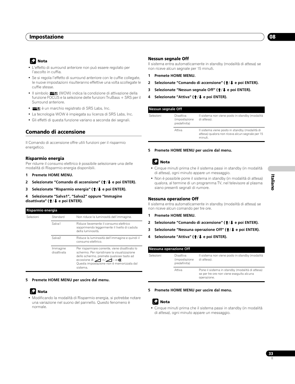 Comando di accensione, Risparmio energia, Nessun segnale off | Nessuna operazione off, Impostazione 08 | Pioneer PDP-4270XA User Manual | Page 165 / 267