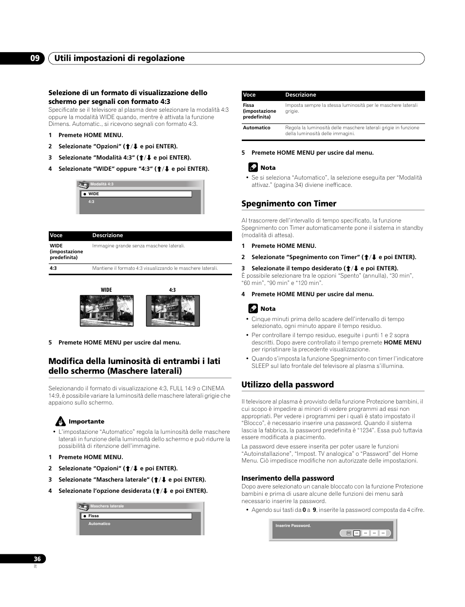 Spegnimento con timer, Utilizzo della password, Inserimento della password | Utili impostazioni di regolazione 09 | Pioneer PDP-4270XA User Manual | Page 168 / 267