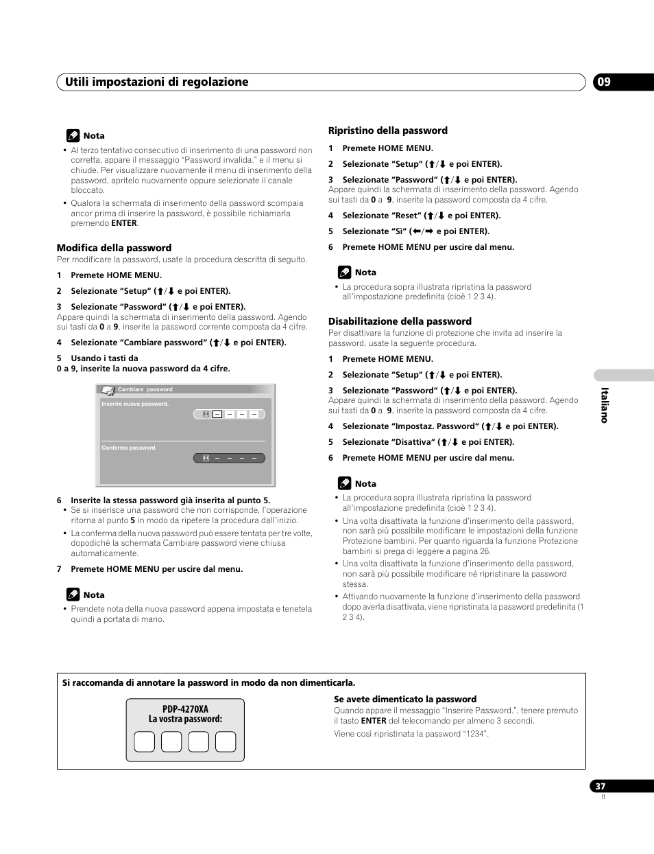 Modifica della password, Ripristino della password, Disabilitazione della password | Utili impostazioni di regolazione 09 | Pioneer PDP-4270XA User Manual | Page 169 / 267