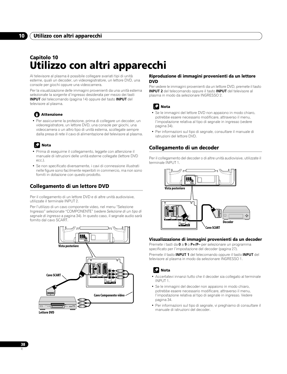 10 utilizzo con altri apparecchi, Collegamento di un lettore dvd, Collegamento di un decoder | Utilizzo con altri apparecchi, Utilizzo con altri apparecchi 10, Capitolo 10 | Pioneer PDP-4270XA User Manual | Page 170 / 267