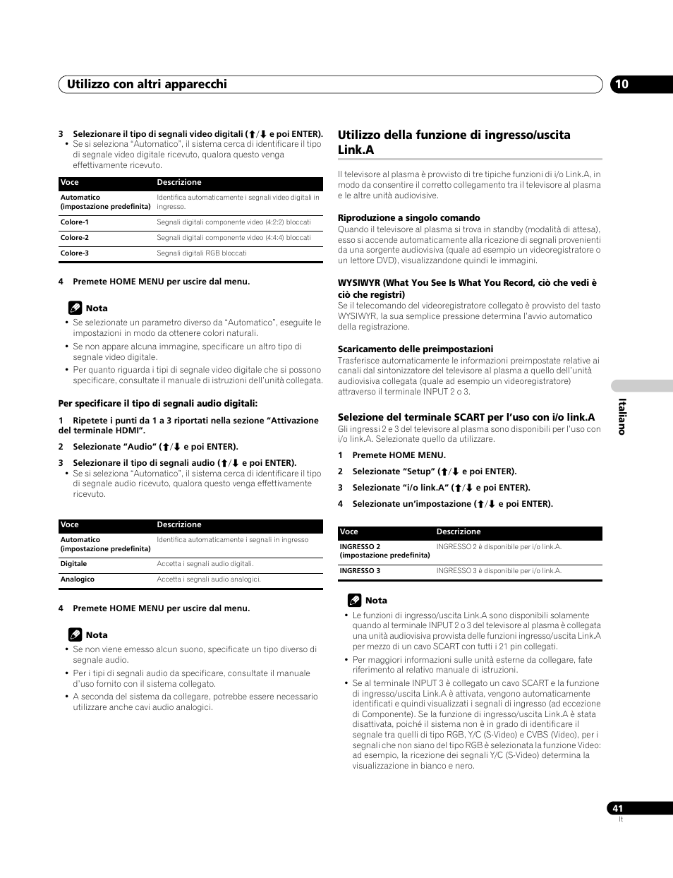 Utilizzo della funzione di ingresso/uscita link.a, Utilizzo con altri apparecchi 10 | Pioneer PDP-4270XA User Manual | Page 173 / 267