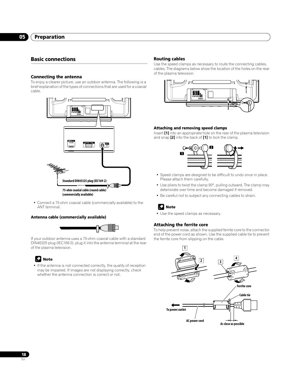 Basic connections, Connecting the antenna, Routing cables | Attaching the ferrite core, Preparation 05 | Pioneer PDP-4270XA User Manual | Page 18 / 267