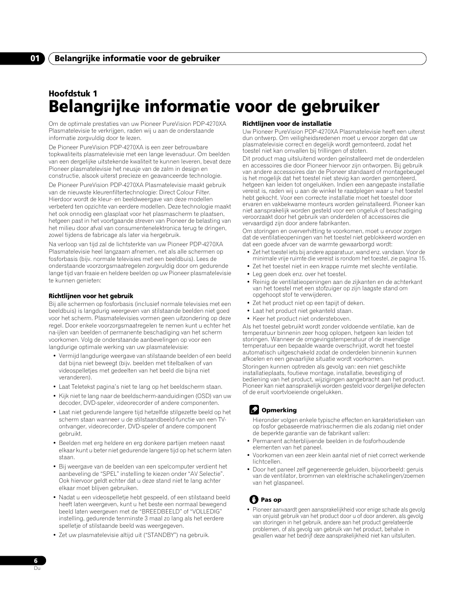 01 belangrijke informatie voor de gebruiker, Belangrijke informatie voor de gebruiker, Belangrijke informatie voor de gebruiker 01 | Hoofdstuk 1 | Pioneer PDP-4270XA User Manual | Page 182 / 267