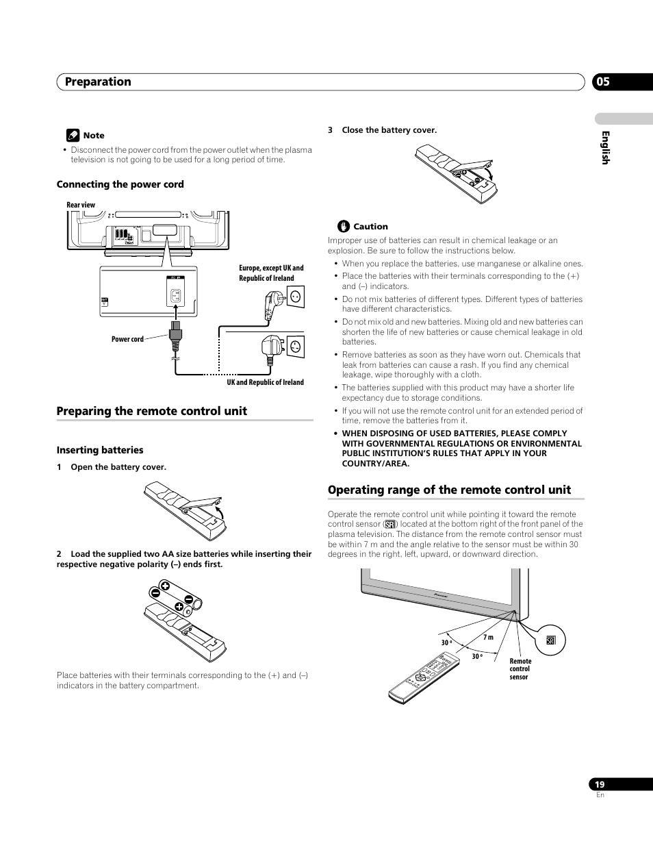 Connecting the power cord, Preparing the remote control unit, Inserting batteries | Operating range of the remote control unit, Preparation 05 | Pioneer PDP-4270XA User Manual | Page 19 / 267