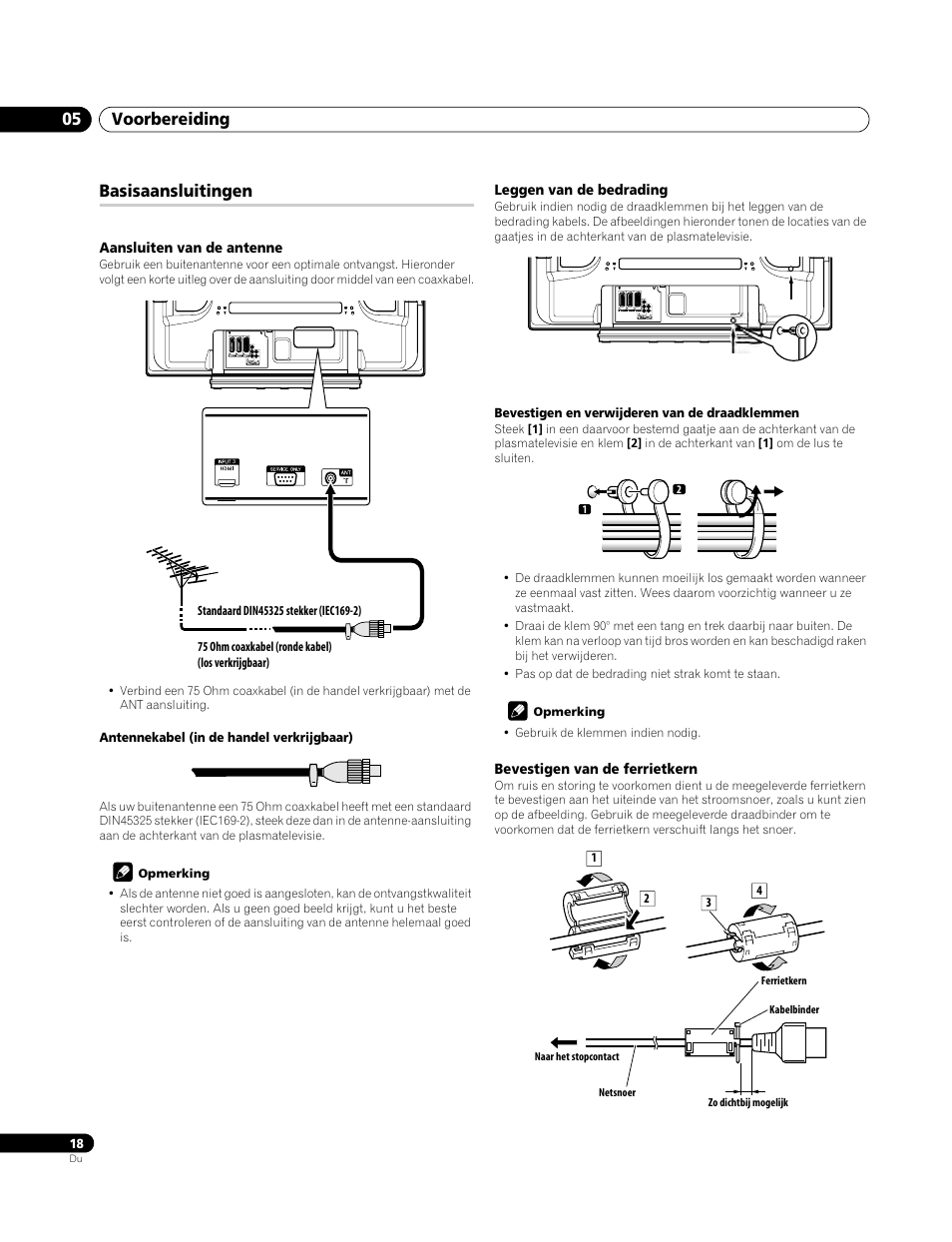 Basisaansluitingen, Aansluiten van de antenne, Leggen van de bedrading | Bevestigen van de ferrietkern, Voorbereiding 05 | Pioneer PDP-4270XA User Manual | Page 194 / 267