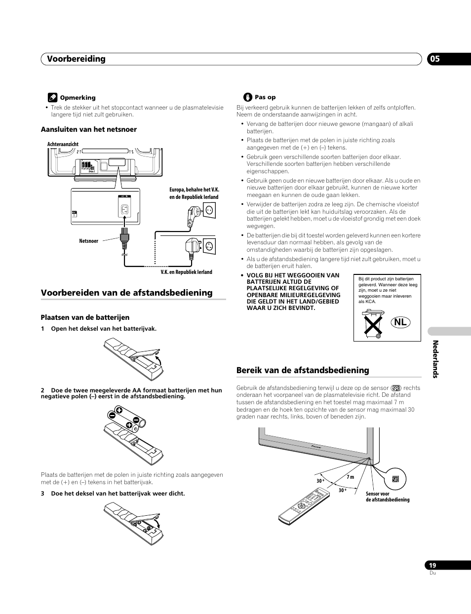 Aansluiten van het netsnoer, Voorbereiden van de afstandsbediening, Plaatsen van de batterijen | Bereik van de afstandsbediening, Voorbereiding 05 | Pioneer PDP-4270XA User Manual | Page 195 / 267