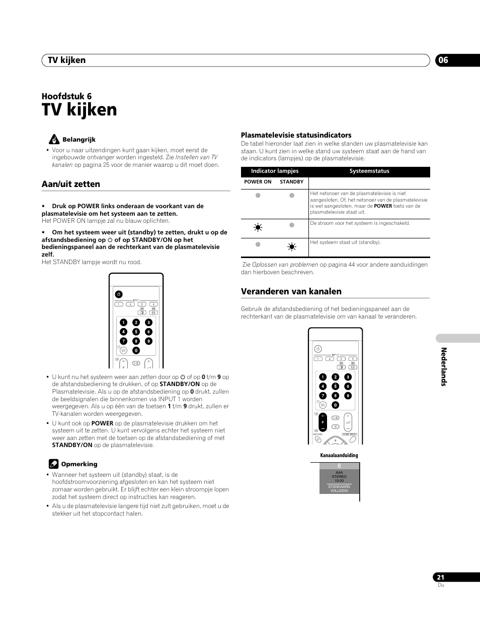 06 tv kijken, Aan/uit zetten, Plasmatelevisie statusindicators | Veranderen van kanalen, Tv kijken, Tv kijken 06, Hoofdstuk 6 | Pioneer PDP-4270XA User Manual | Page 197 / 267