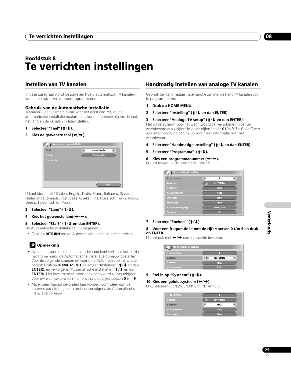 08 te verrichten instellingen, Instellen van tv kanalen, Gebruik van de automatische installatie | Handmatig instellen van analoge tv kanalen, Te verrichten instellingen, Te verrichten instellingen 08, Hoofdstuk 8 | Pioneer PDP-4270XA User Manual | Page 201 / 267