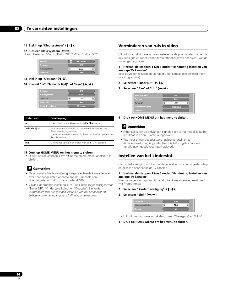 Verminderen van ruis in video, Instellen van het kinderslot, Te verrichten instellingen 08 | Pioneer PDP-4270XA User Manual | Page 202 / 267