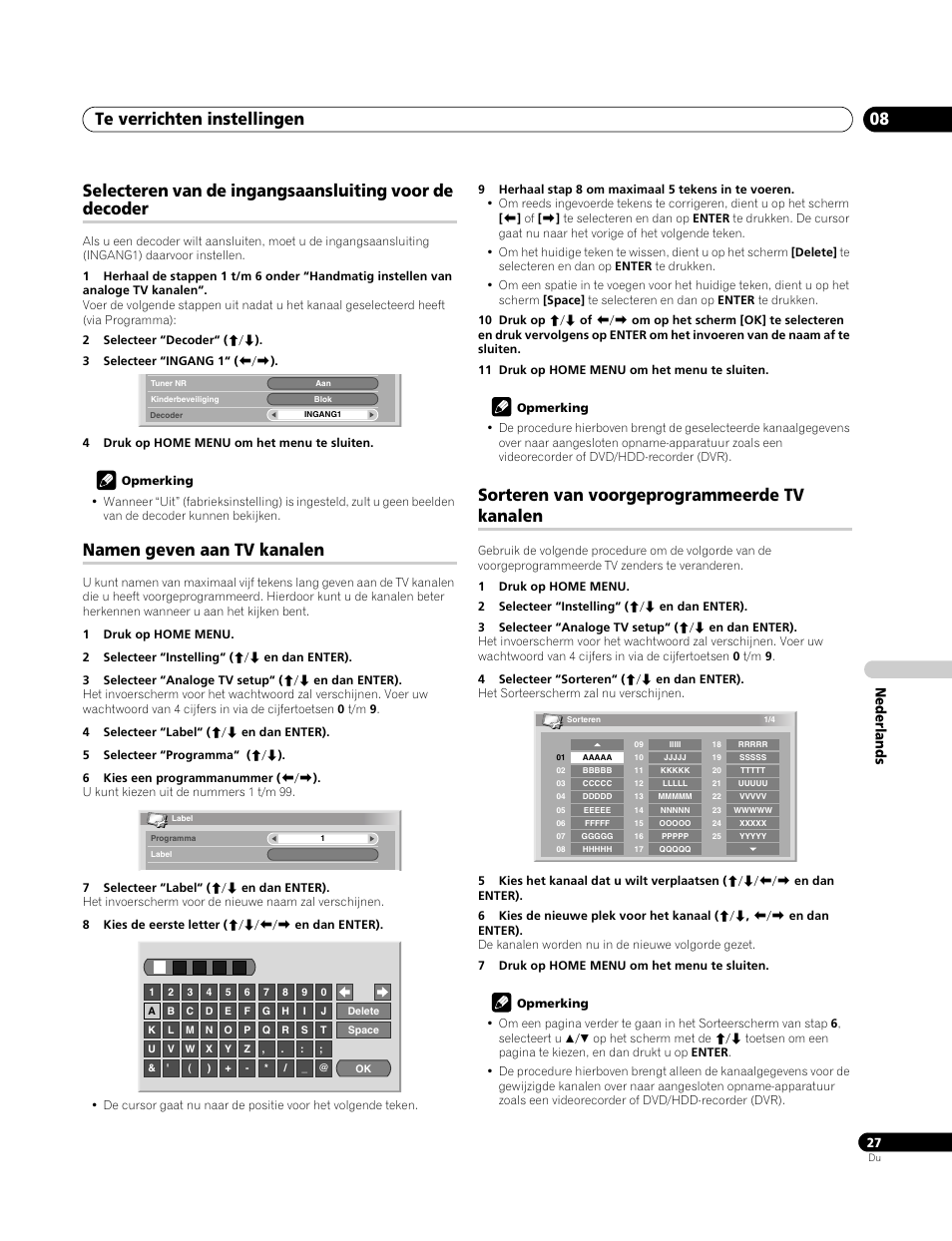 Namen geven aan tv kanalen, Sorteren van voorgeprogrammeerde tv kanalen, Te verrichten instellingen 08 | Nederlands | Pioneer PDP-4270XA User Manual | Page 203 / 267