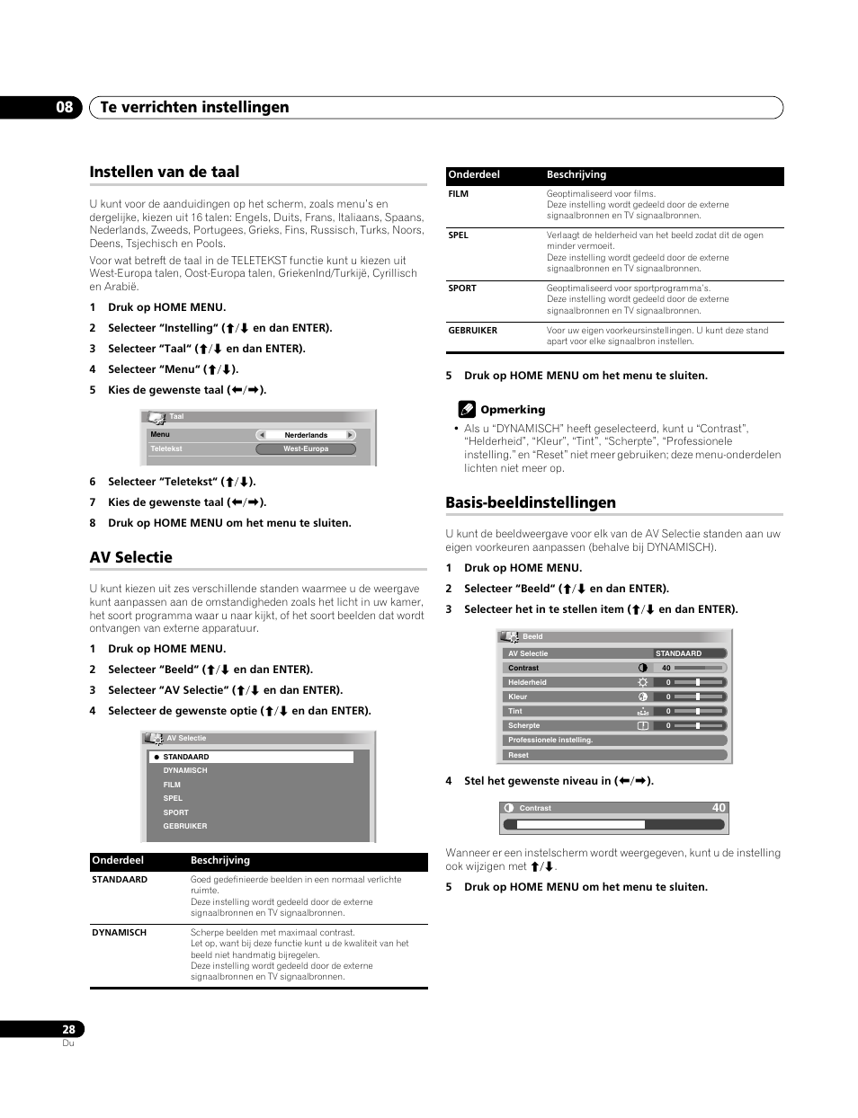 Instellen van de taal, Av selectie, Basis-beeldinstellingen | Te verrichten instellingen 08 | Pioneer PDP-4270XA User Manual | Page 204 / 267