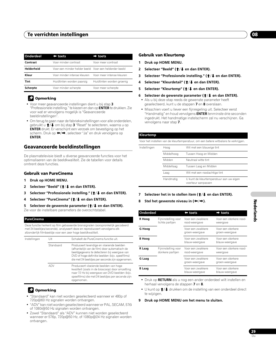 Geavanceerde beeldinstellingen, Gebruik van purecinema, Gebruik van kleurtemp | Te verrichten instellingen 08 | Pioneer PDP-4270XA User Manual | Page 205 / 267