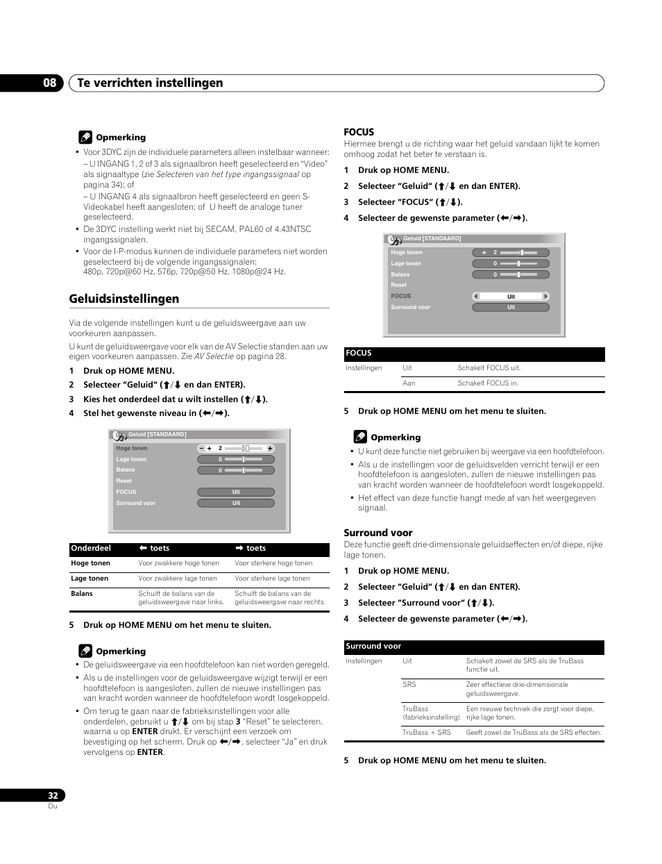 Geluidsinstellingen, Focus, Surround voor | Te verrichten instellingen 08 | Pioneer PDP-4270XA User Manual | Page 208 / 267