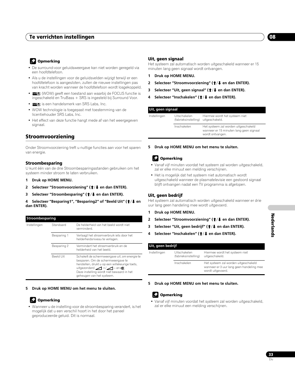 Stroomvoorziening, Stroombesparing, Uit, geen signaal | Uit, geen bedrijf, Te verrichten instellingen 08 | Pioneer PDP-4270XA User Manual | Page 209 / 267