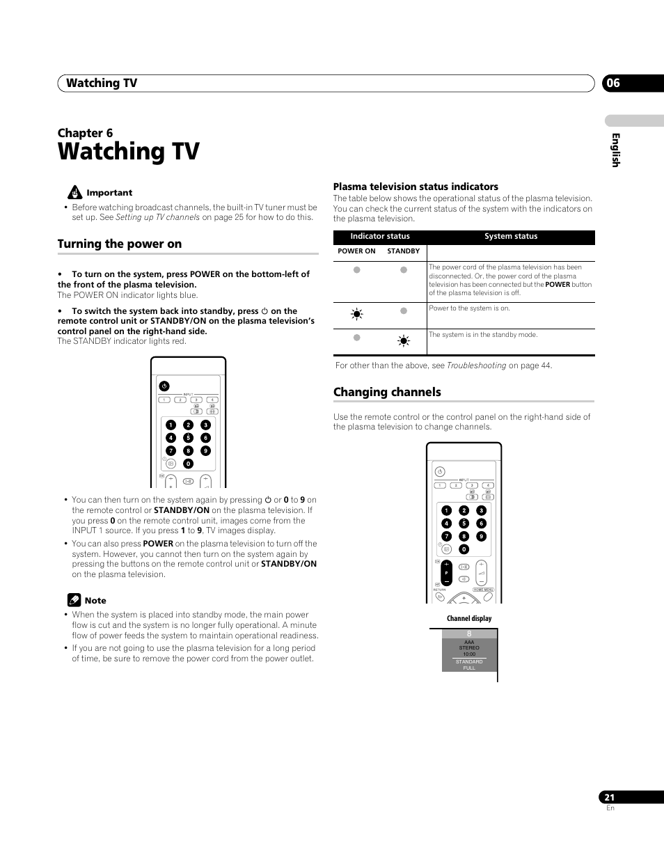 06 watching tv, Turning the power on, Plasma television status indicators | Changing channels, Watching tv, Watching tv 06, Chapter 6 | Pioneer PDP-4270XA User Manual | Page 21 / 267