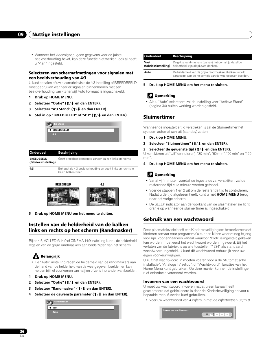 Sluimertimer, Gebruik van een wachtwoord, Invoeren van een wachtwoord | Nuttige instellingen 09 | Pioneer PDP-4270XA User Manual | Page 212 / 267