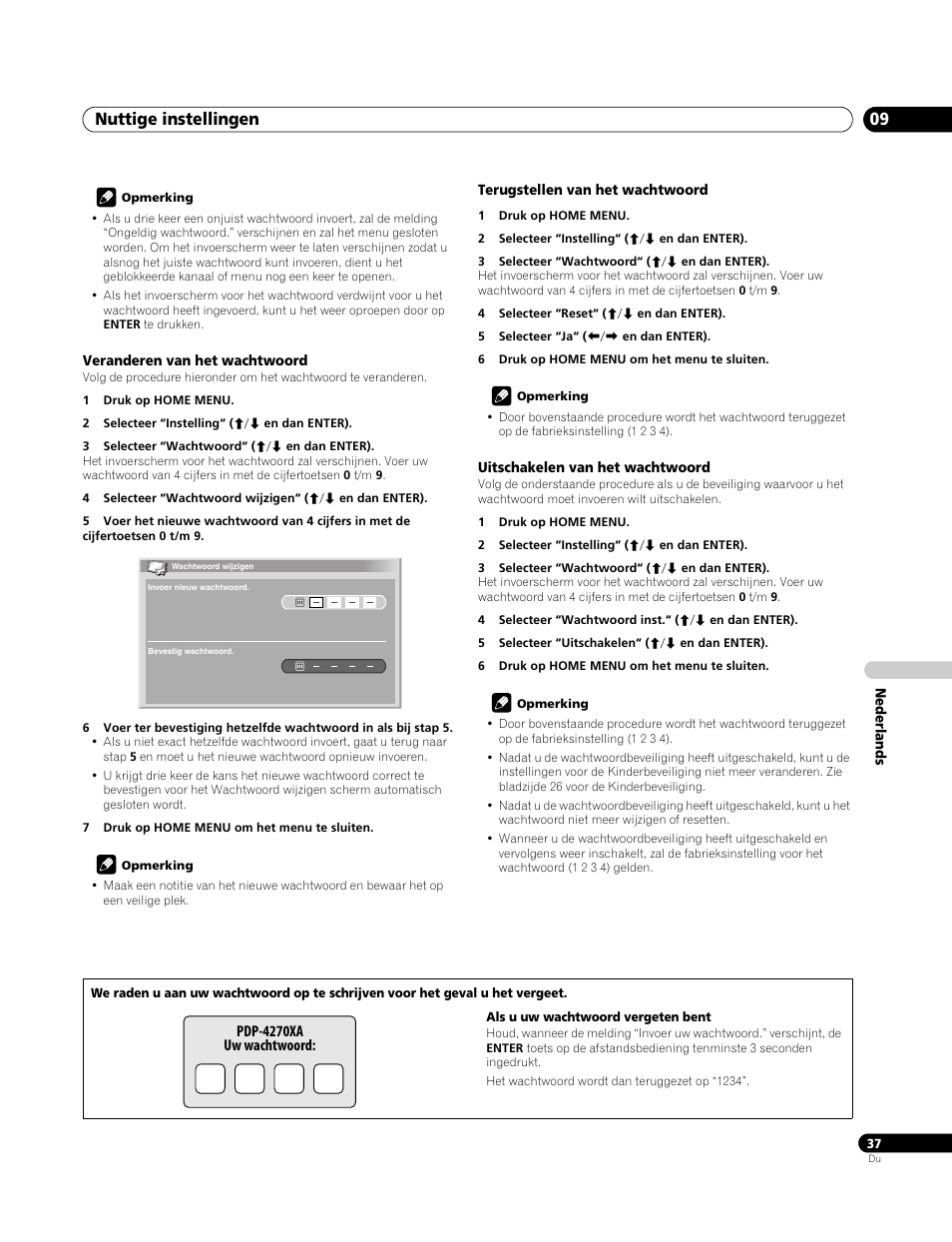 Veranderen van het wachtwoord, Terugstellen van het wachtwoord, Uitschakelen van het wachtwoord | Nuttige instellingen 09 | Pioneer PDP-4270XA User Manual | Page 213 / 267
