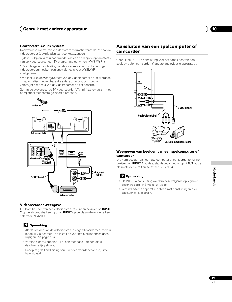 Videorecorder weergave, Aansluiten van een spelcomputer of camcorder, Gebruik met andere apparatuur 10 | Pioneer PDP-4270XA User Manual | Page 215 / 267