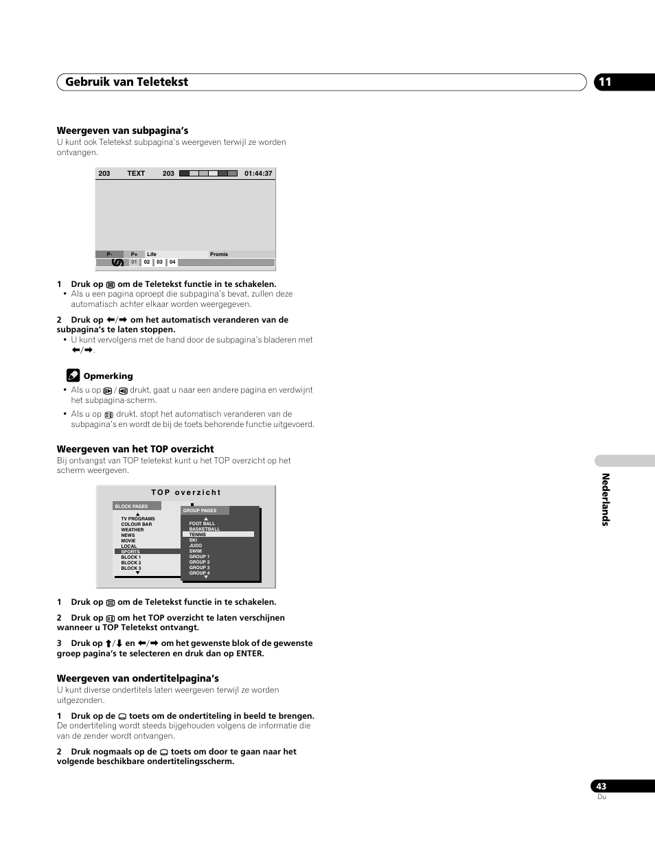 Weergeven van het top overzicht, Gebruik van teletekst 11 | Pioneer PDP-4270XA User Manual | Page 219 / 267