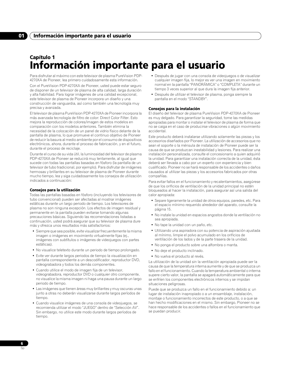 01 información importante para el usuario, Información importante para el usuario, Información importante para el usuario 01 | Capítulo 1 | Pioneer PDP-4270XA User Manual | Page 226 / 267
