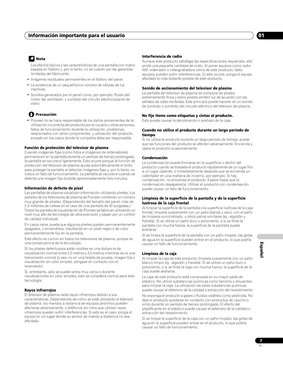 Información importante para el usuario 01 | Pioneer PDP-4270XA User Manual | Page 227 / 267
