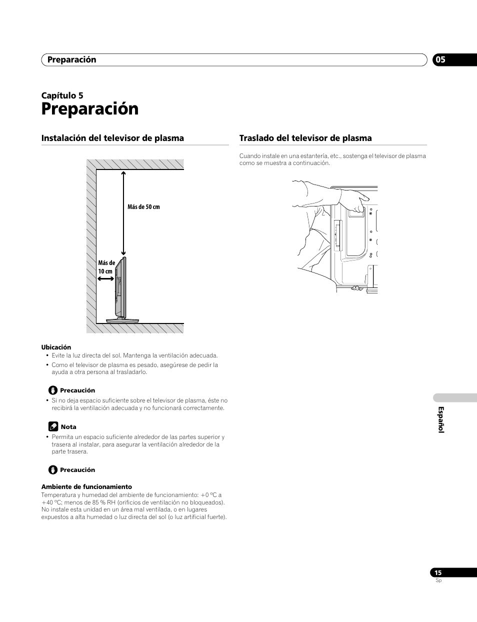 05 preparación, Instalación del televisor de plasma, Traslado del televisor de plasma | Preparación | Pioneer PDP-4270XA User Manual | Page 235 / 267