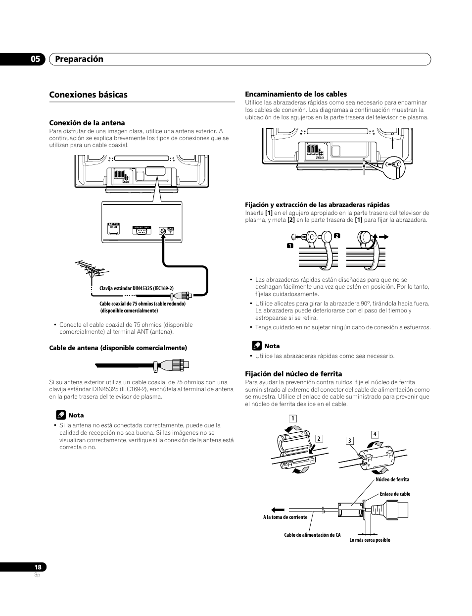 Conexiones básicas, Conexión de la antena, Encaminamiento de los cables | Fijación del núcleo de ferrita, Preparación 05 | Pioneer PDP-4270XA User Manual | Page 238 / 267