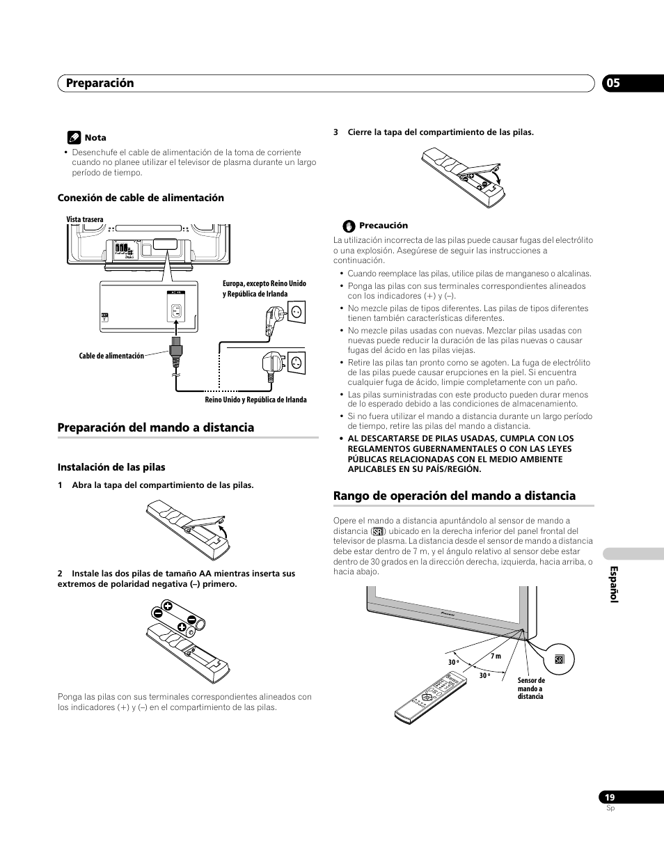 Conexión de cable de alimentación, Preparación del mando a distancia, Instalación de las pilas | Rango de operación del mando a distancia, Preparación 05 | Pioneer PDP-4270XA User Manual | Page 239 / 267