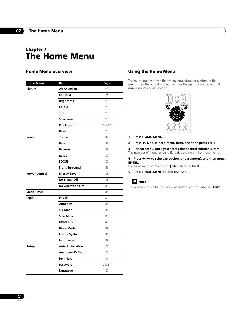 07 the home menu, Home menu overview, Using the home menu | The home menu, The home menu 07, Chapter 7, Home menu overview using the home menu | Pioneer PDP-4270XA User Manual | Page 24 / 267