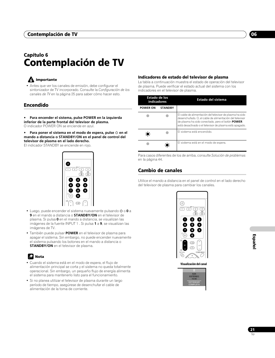 06 contemplación de tv, Encendido, Indicadores de estado del televisor de plasma | Cambio de canales, Contemplación de tv, Contemplación de tv 06, Capítulo 6 | Pioneer PDP-4270XA User Manual | Page 241 / 267