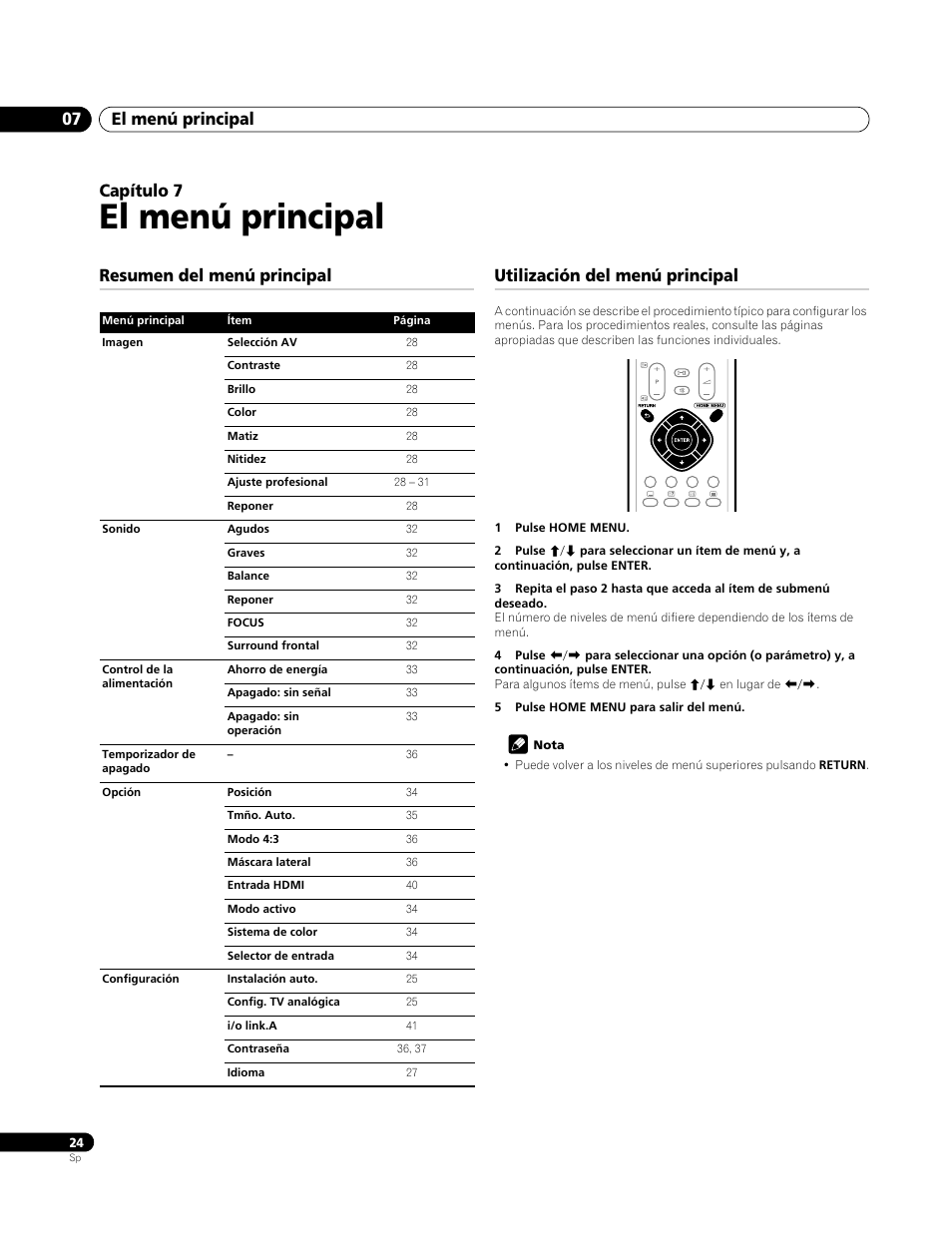 07 el menú principal, Resumen del menú principal, Utilización del menú principal | El menú principal, El menú principal 07, Capítulo 7 | Pioneer PDP-4270XA User Manual | Page 244 / 267